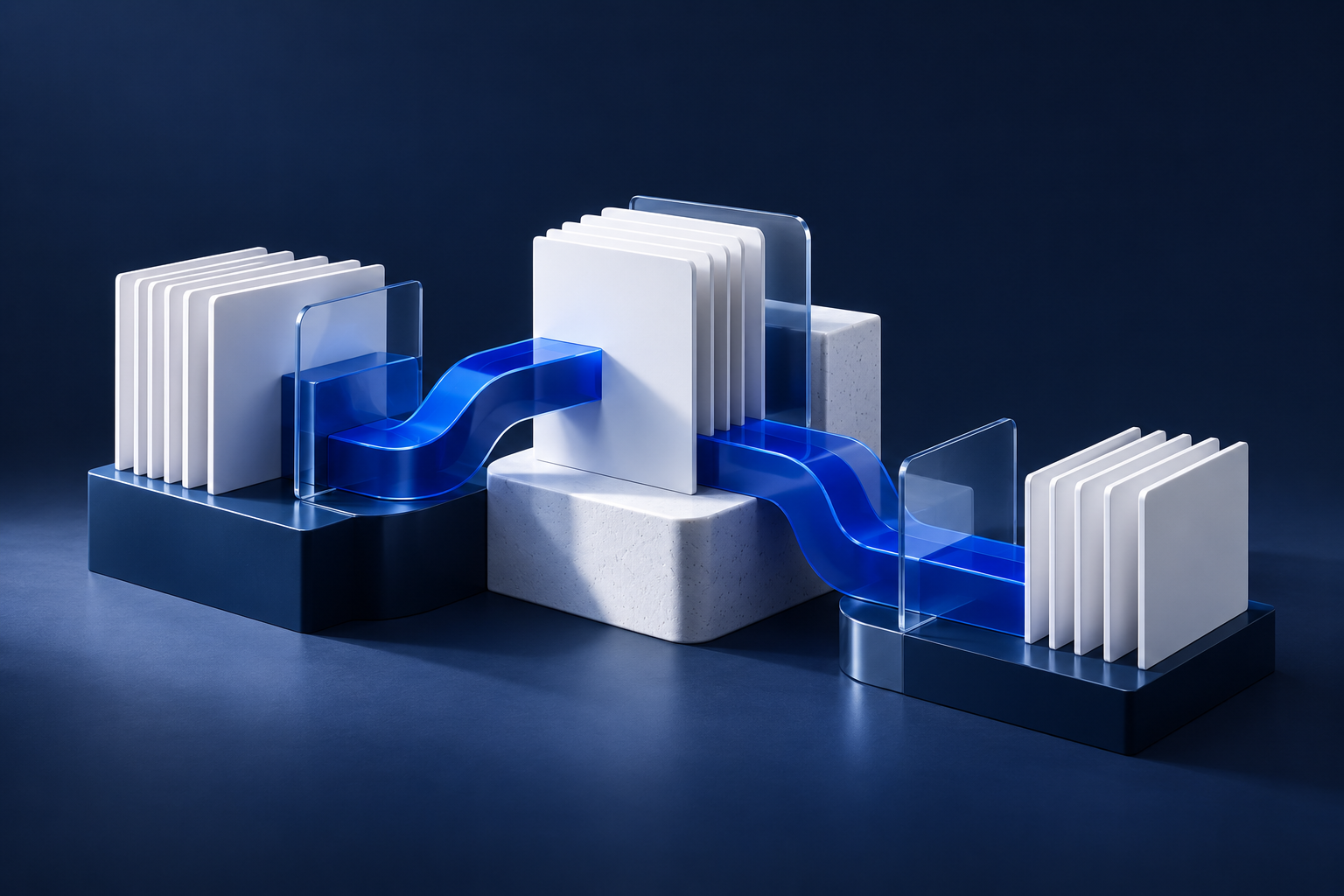 Sculptural panels linked by blue channels