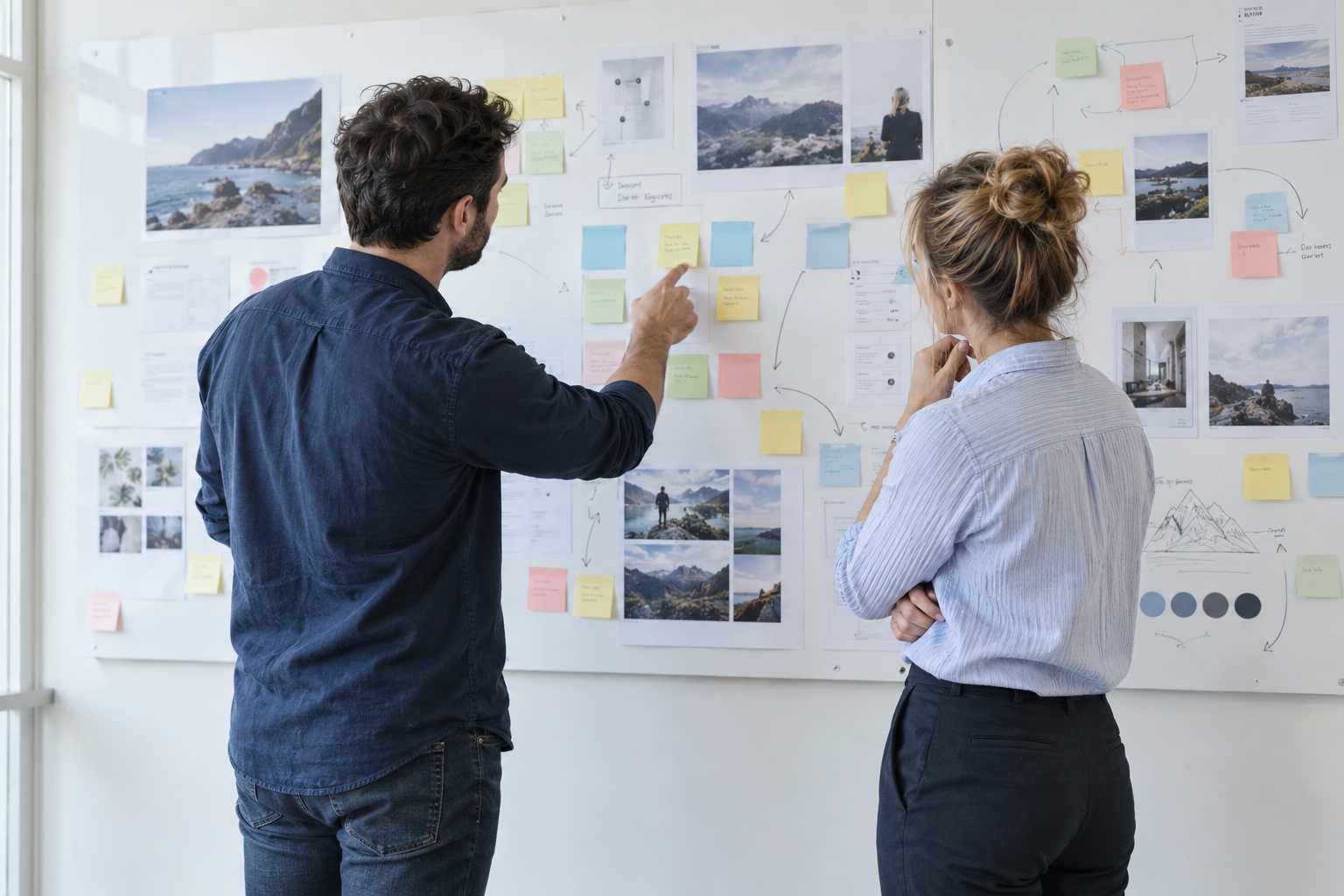 Illustrative workshop with professionals organizing notes and content maps on a wall